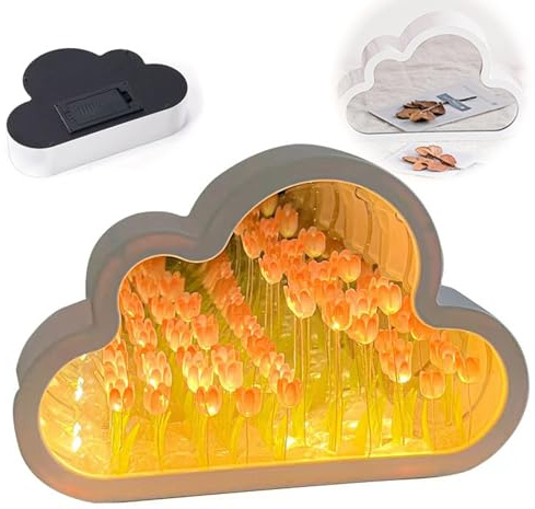 Cloud Tulip Mirror Night Light,Tulip Night Light,LED Lamp Bedroom Decor Night Lamp Bedside Table Lamp Desktop Decor Teen Girls Creative Gift for Friends,Birthday, Anniversary, Mother's Day (Pink)