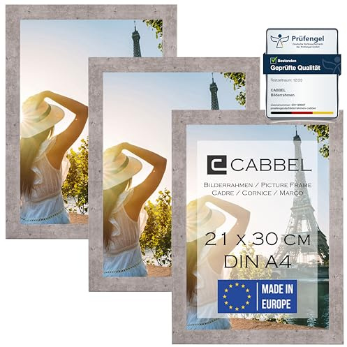 CABBEL 3er Set Bilderrahmen DIN A4 21x30 MDF Holz-Rahmen mit bruchsicherem Acrylglas, ideal für Collagen, Portraits & Urkunden in Grau/Beton