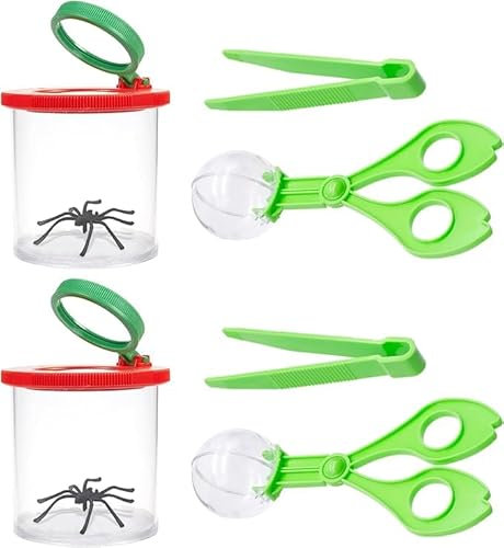 AMJKEJI Forscherset für Kinder, 6 Stück Lupendosen Becherlupe, Becherlupen Set mit 3/6x Lupe, Pinzette, Insektenfänger Scheren, Geschenk für Kinder Geburtztag Schulbildung