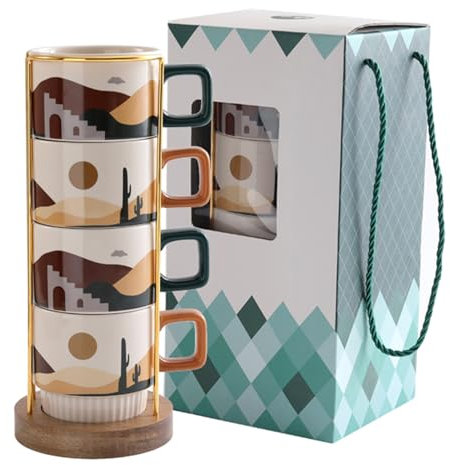 Porcelain Coffee Cup Set of 4 with Cup Holder and Gift Box, Ceramic Morandi Vintage Espresso Handmade Tea Coffee Mugs with Handle for Friend Women Men Mom Dad Tea Party Set