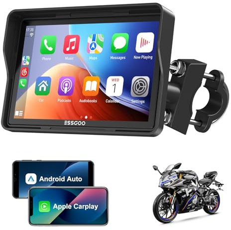 ESSGOO CarPlay Moto 5 Écran Tactile IPS avec CarPlay & Android Auto sans Fil, GPS Moto Étanche, Musique Bluetooth, Navigation, Support Siri, Installation & Démontage Faciles
