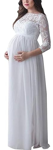 Fiacafyo Maternity Dress for Photography Solid Color Lace Off Shoulder Chiffon Gown Split Front Maxi Pregnancy Dresses for Photoshoot (A-White, L)