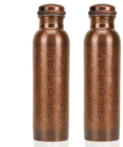 FURNISHFUL FINESSE Lot de 2 bouteilles d'eau en cuivre pur avec couvercle et sac de transport, 1 000 ml, anti-fuite, motif fleur antique, pour ayurveda, santé, sport, yoga, gym