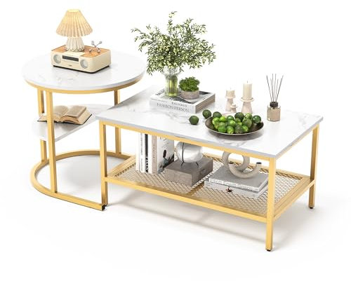 belupai Satztische 2er Set, Couchtisch mit Marmor-Tischplatte, Metallgitter-Regal und verstellbaren Fußpolstern, 2-stöckiger Metallrahmen, Mitteltische für Wohnzimmer, Schlafzimmer, Büro (Gold)