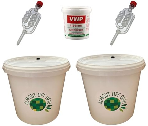 5 Litre Fermentation Buckets with Lids Grommets and Airlocks x 2 and 100g Tub of Cleaner Sterliser