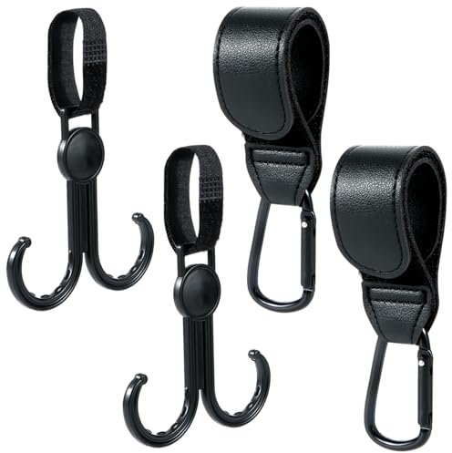 4 Stück Kinderwagen Haken, Lederoptik Kinderwagen Haken,Taschenhalter Kinderwagen Leder Style,Klettverschluss Haken Kinderwagen Haken für Aufhängen Von Taschen Und Einkaufen(Schwarz)
