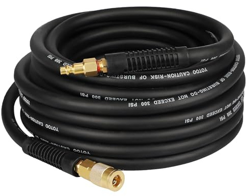 YOTOO Hybrid Air Hose 3/8-Inch by 50-Feet 300 PSI Heavy Duty, Lightweight, Kink Resistant, All-Weather Flexibility with 1/4-Inch Industrial Quick Coupler Fittings, Bend Restrictors, Black