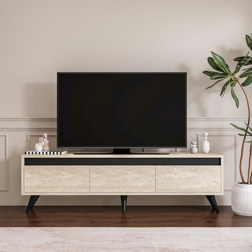 Hanah Home Stylish TV Stand, 150 cm Wide, Travertine & Anthracite | 100% Melamine Coated Particle Board, 18 mm Thick | Durable Plastic Legs, Modern Marble Design
