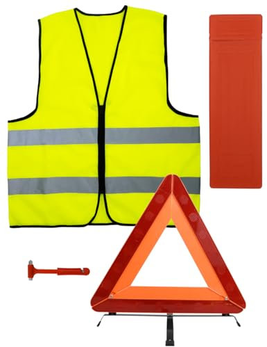 ZephyrCraft 4-in-1 Sicherheitsset für Auto, 2 Reflektierende Warnweste mit Reißverschluss, 2-in-1 Sicherheitshammer, Warndreieck und Aufbewahrungskoffer, Hochsichtbar, Faltbar für Notfälle im Auto