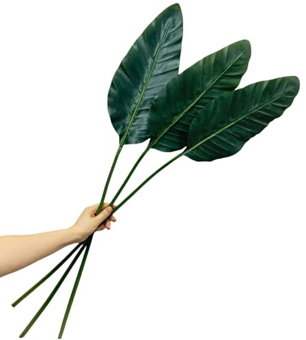 Urier Lot de 3 grandes feuilles tropicales artificielles avec longue tige, feuilles de palmier artificielles en soie pour maison, cuisine, jardin, fête de mariage, feuilles de bananier