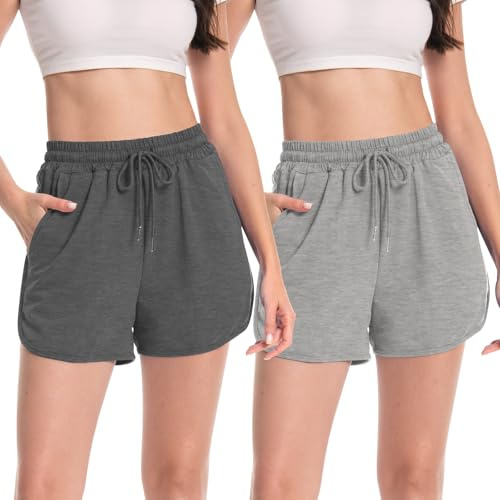 Rolcoassuns 2-pack shorts dam sommar shorts bomull shorts lösa sportshorts med fickor dragsko casual jogging, Ljusgrå/mörkgrå, S