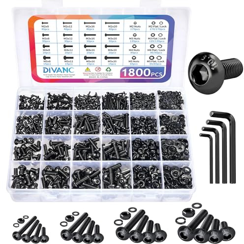 1800PCS Metric Screw Assortment, Metric Bolt Assortment Kit M2 M3 M4 M5 Machine Screws with Lock & Flat Washers, Grade 10.9 Alloy Steel Hex Socket Button Head Black Screws Nuts and Bolts Kit (Black)