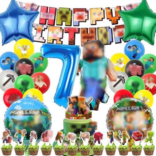 IRONIUM 48 Stück Pixe Geburtstagsdeko 7 Jahre Junge, Videospiel Luftballons Geburtstag Party Set, Party Deko Ballon Set für Kinder (7)