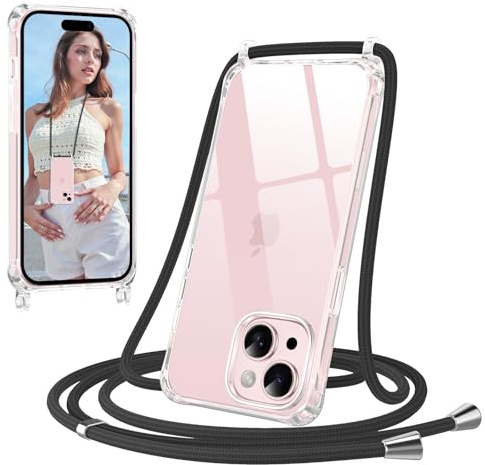 Jrkvniv Coque avec Cordon pour iPhone 15, Transparent Anti-Jaunissement Antichoc Silicone Housse Collier Réglable Téléphone Étui Portable Lanyard Case Protection Complète Cover (Noir)