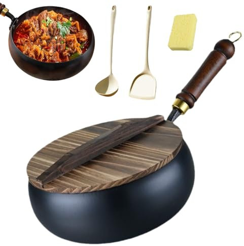 HItianya Japanese Iron Pan, 24/28cm Uncoated Iron Pans, Sartén de Hierro Antiadherente Forjada a Mano, sin Revestimiento, Sartén Grande con Tapa de Madera, para Cocinas (Tapa de madera, 28cm)