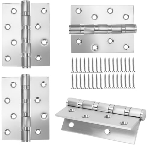 SENJEOK 4 PCS 4 Inch Stainless Steel Door Hinges, 100 x 75 mm Silver Ball Bearing Butt Hingers with Screw for Internal, Wooden Door, Window