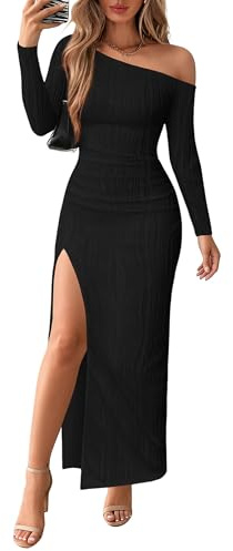 Lazysmile Womens Long Sleeve Maxi Dresses Off Shoulder Bodycon Cocktail Formal Wedding Guest Slit Long Dress Fall Outfits Black