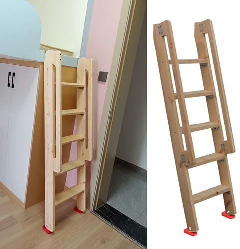Climbing ladder,Natural Solid Wood Bunk Bed Ladder, Short Loft Dorm Home Attic Ladder 49in/59in, Space Saving Rv Twin Bunk Bed with Hooks, Straight Escape Ladder(5 Step 150cm/59)