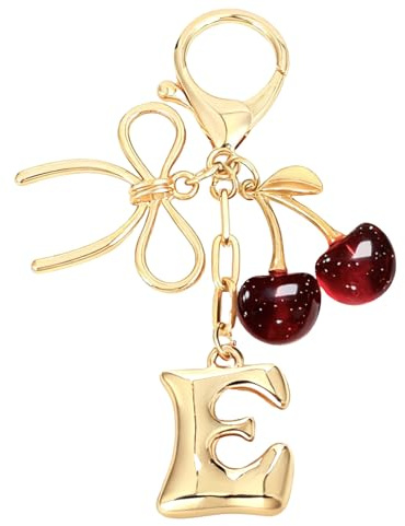 Snylcce Gold Initial Letter E Keychain with Bow & Deep Red Cherry Cute Bag Charm for Women Purse Accessories