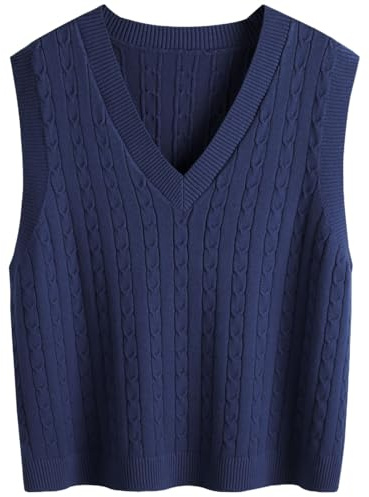 SUNSESS Women's Sleeveless Jumper V Neck Sweater Vest Cable Knit Tank Top | Loose Fit Chunky Ribbed Pullover Gilet for Layering, Office & Casual Preppy Style