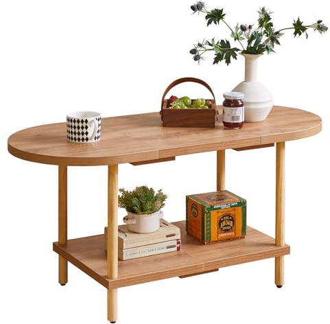 Aibiju Couchtisch, Ovaler Wohnzimmertisch, Beistelltisch, Sofatisch mit Holzbeinen und 2-stufigem Stauraum für das Heimbüro im Wohnzimmer,Moderner Stil,Eiche YD-011K