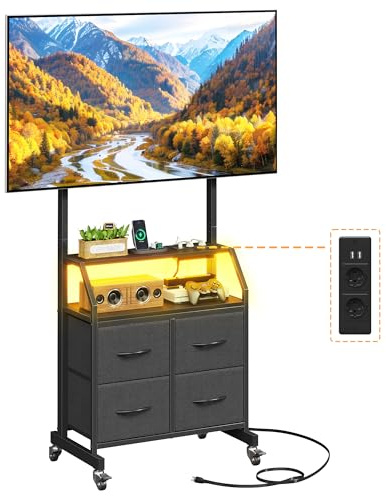 OYRREU LED Light TV Stand on Wheels with Mount and Power Outlets, Rolling TV Stand Adjustable Height & 4 Drawer Storage,Black