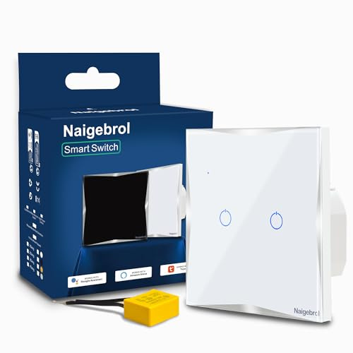 Naigebrol Interruptor de luz inteligente con wifi táctil, cristal blanco y plateado, 1-4 velocidades, para instalación con o sin neutro, control por voz Alexa Google (blanco, 2 vías)