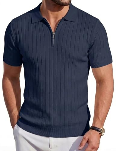 Focixfor Men's Polo Shirts Zipper Regular Fit Short Sleeve Casual Golf Striped Shirt