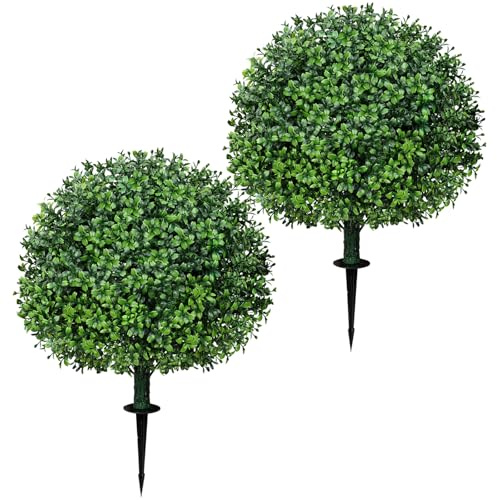 MixcMax Artificial Plants Outdoor, 2 Pack Topiary Ball Plastic Flowers Fake Boxwood Plants Faux Planter Shrubs Evergreen Greenery for Front Door Garden Indoor Home Decor (Boxwood)