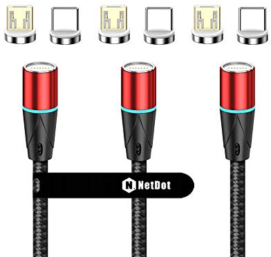 N. NETDOT 12th Generación Cable Magnético,Carga Rápida y Transferencia de Datos para Teléfonos Inteligentes Micro-USB,USB-C (1m/3 Pack Rojo)