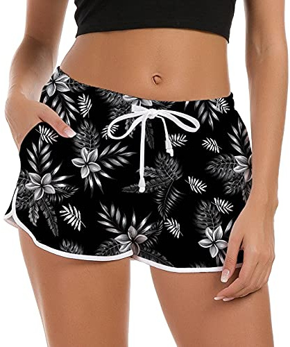 Fanient Badshorts för kvinnor, 3D-grafiska strand- och surfshorts, sommar, badkläder nederdel, nyhet, träning, gym, sportbyxor med justerbar dragsko, XS–XL, lövblomma, XL