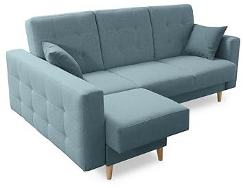 Robin Hilton Ecksofa mit Schlaffunktion Bettkasten 2 Kissen Sofa L-Form Schlafsofa Freistehende Eckcouch Schlafcouch Wohnzimmermöbel Wohnlandschaft Aqua