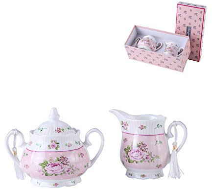 London Boutique Juego de Tetera de Porcelana, Tetera, azucarero y Jarra de Leche en Crema, Shabby Chic Vintage Floral en Caja de Regalo (Juego de Crema y azúcar, Rosa Rosa)