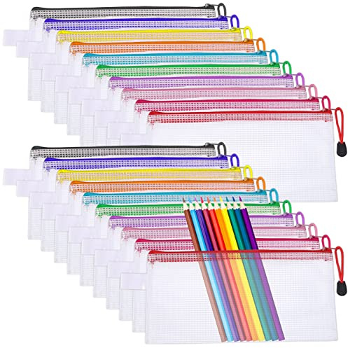 RosewineC 20 Pcs Clear Pencil Case, Plastic Pen Pencil Bag Zipper Mesh Pouch Back to School Supplies Waterproof Travel Storage Pouch for School Office Supplies Bills Make up Cosmetics Bags