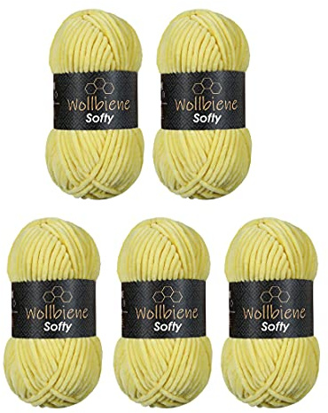 Wollbiene Softy 5 x 100 Gramm Chenillewolle Strickwolle, Babywolle, 500 Gramm Wolle Super Bulky (gelb 04)