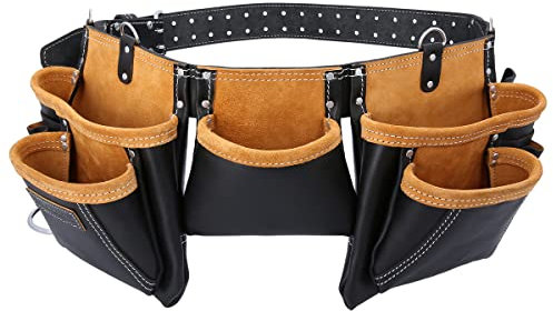 TOUGH MASTER 11 Pocket Multi Storage Organiser Leather Work Tool Belt, Men/Women Apron Tape Holder, Hammer Loop Heavy Duty Pouch for Builders, Carpenter