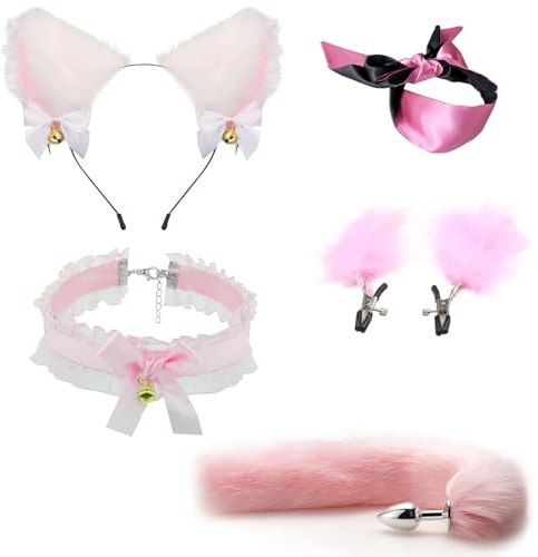 Analplug Paaren Cosplay mit Fuchsschwanz,Nippelklemmen Augenmaske (Pink) | Buttplug Anal Dildo 5 Stück Set mit Spitze Halsband + Katze Ohren,SM Analspielzeuge Sex Spielzeug für Männer Frauen Paare