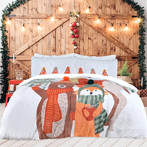 Sleepdown Bear and Friends Xmas Reversible Flannel Fleece SkyBlue Duvet Cover Quilt Bedding Set with Pillowcases Thermal Warm Cosy Soft Easy Care Bed Linen-Double(200x200cm),5056557512577,Multicolor