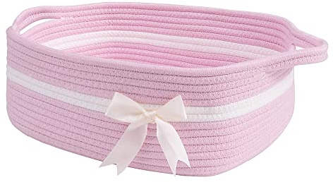 CHICVITA Pink Baby Girl Gift Basket, Small Woven Rope Basket, Rectangle Shelf Baskets for Bathroom, Cute Nursery Storage Baskets for Toys, Diapers, Towels, Snacks, 13 x 9.8 x 5 inches