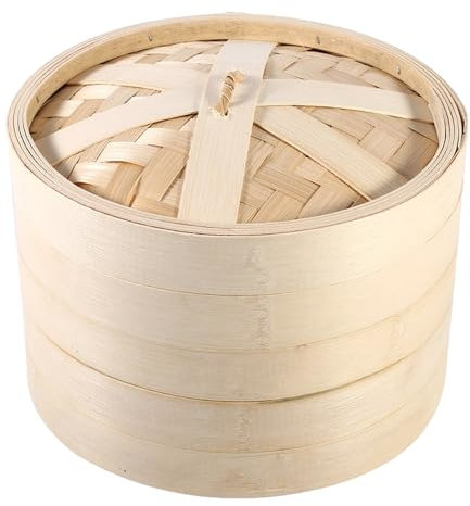Bamboo Steamer 4 Sizes 2 Tiers Bamboo Steam Basket Reusable Chinese Natural Rice Cooking Food Cooker with Lid for Cooking Dim Sum Buns Dumplings Vegetables(22cm)