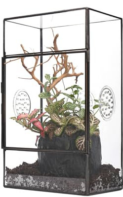 NCYP Rechteckiges Glas Terrarium mit Seitentür und DREI Belüftungslöchern handgefertigt, 13x10x23cm Schwarzes geometrisches Terraium für kleine Insekten Haus Garten Dekoration (nur Terrarium)