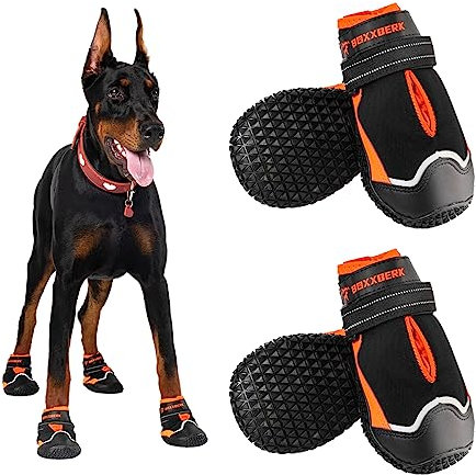 Boxxberk wasserdichte Hundeschuhe für große Hunde, rutschfeste Gummi-Hundeschuhe für den Sommer, heißer Gehweg, Winterschnee, Hundestiefel, Pfotenschutz mit reflektierendem Riemen für Outdoor-Wandern