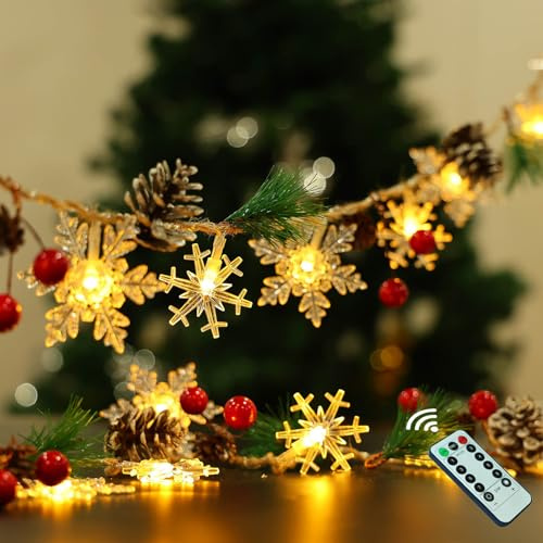 Weihnachtsgirlande mit 30 LEDs, 3 m, Tannenzapfen, rote Beeren, batteriebetrieben, 8 Beleuchtungsmodi mit Timer, für drinnen und draußen, Baumdekoration, Kamin, Kaminsims, Dekorationen, Warmweiß