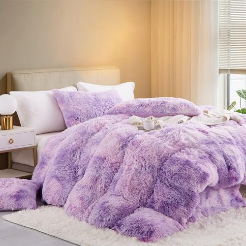 Nyescasa Plüsch Bettwäsche 155x220 Winter Flauschig Warme Flanell Biber Wendebettwäsche Langhaar Flausch Fleece Deckenbezug Tie Dye Violett Bettbezug mit Reißverschluss und Kissenbezug 80x80cm