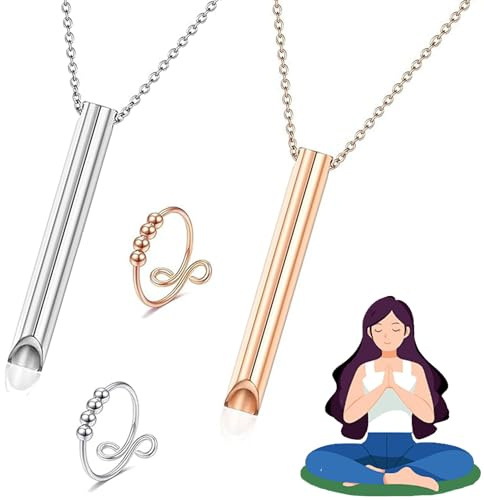 NAMIC Zeaying Atmung Halskette Set, Stressabbau-Ring Und Halskette In Jeweils Zwei Farben, Atem Halskettes, Achtsame Halskettes Zur Linderung Von Stress Und Angst, Edelstahl, Verstellbar, 4 Stück | Wirdfür Tiefe Atemübungen Zur Reduzierung von Stress und Atemketten für Männer Frauen zum Meditieren und Entspannen Verwendet