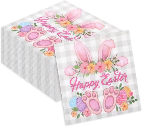 Honoson Papierservietten für Ostern, Cocktail-Servietten, Osterhasen, Einweg-Getränke-Servietten, Kaninchen, Blumenmuster, Mittagessen, Abendessen, Servietten für Frühling, Ostern, Partyzubehör,