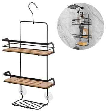Avilia Mensole Portaoggetti da Bagno a 3 Ripiani Appendibile - Mensole da Doccia con Ventose, in Acciaio e Bambù, 26x10x55cm, Nero e Marrone