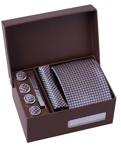 BRERA 67 conjunto de 5 accesorios hombre para traje elegante: corbatas de hombre con pañuelos, gemelos, pisacorbatas y cubre botones, caja regalo