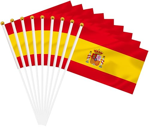50 Stück Spai Mini-Handflaggen, spanische kleine Miniatur-Stick-Flagge mit 21,6 x 14,9 cm Flagge, Outdoor-Dekoration, Partydekorationen, Zubehör für Paraden, Festivals, Events (Spanien)