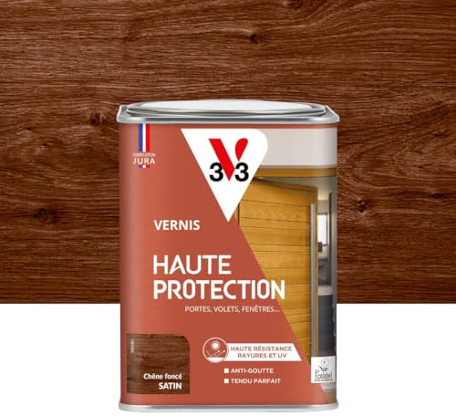 V33 Vernis bois extérieur Chêne foncé satin - Haute Protection - Haute résistance rayures et UV - Anti-goutte et tendu bon - Ecolabel - 1L | Haute Protection - Haute résistance rayures et UV - Anti-goutte et tendu parfait - Ecolabel